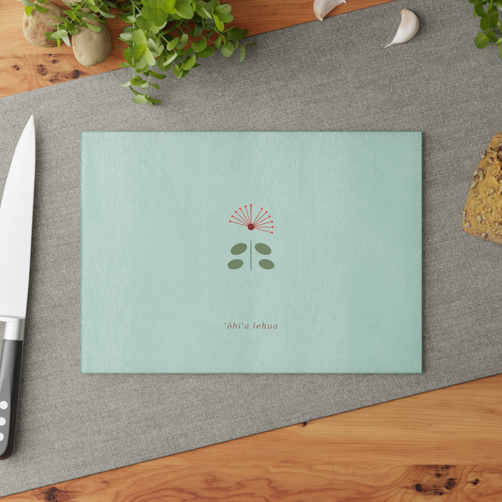 Glass Cutting Board — Minimal ʻŌhiʻa Lehua Floral Design (Pastel Mint)