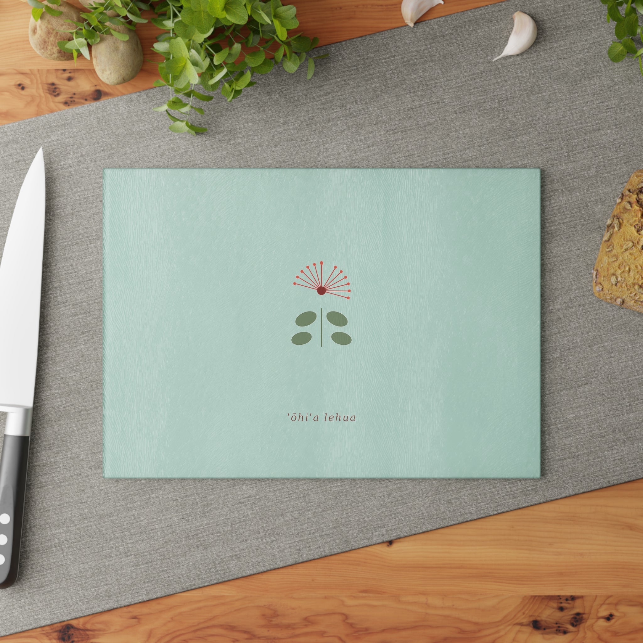 Glass Cutting Board — Minimal ʻŌhiʻa Lehua Floral Design (Pastel Mint)