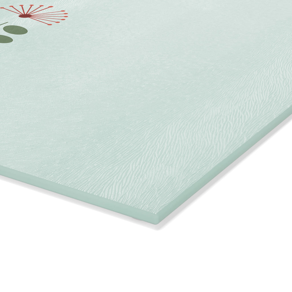 Glass Cutting Board — Minimal ʻŌhiʻa Lehua Floral Design (Pastel Mint)
