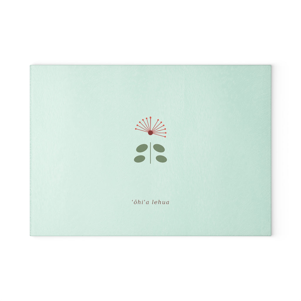 Glass Cutting Board — Minimal ʻŌhiʻa Lehua Floral Design (Pastel Mint)